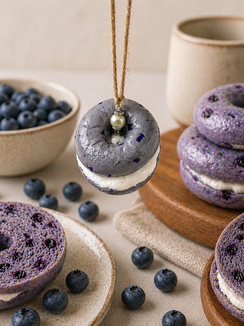 Blueberry Bagel Ornament, Handmade Breakfast Brunch Food Decor